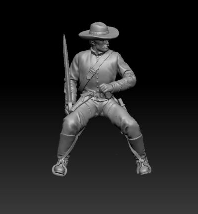 Confederate Cavalry soldier sword on shoulder, looking left