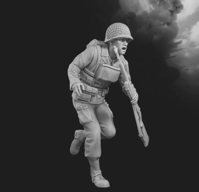 US Soldier running D-Day Omaha Beach