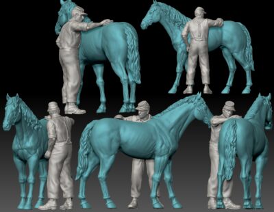 Civil war soldier brushing horse back