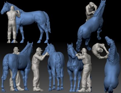 Civil war soldier brushing horse mane
