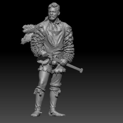 Landsknecht drawing sword, hat on back