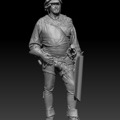 Landsknecht standing with sword and shield