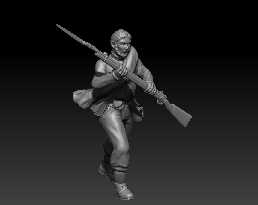 Soldier pushing forward with rifle, no hat