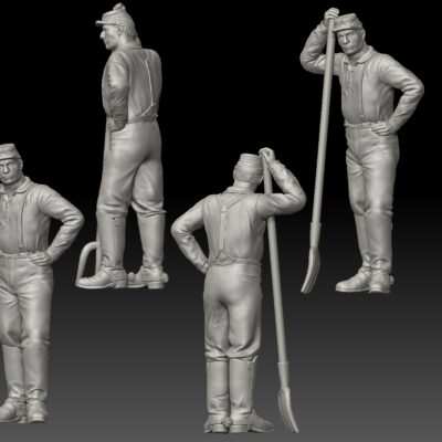 Civil war cavalry soldier resting on pitchfork