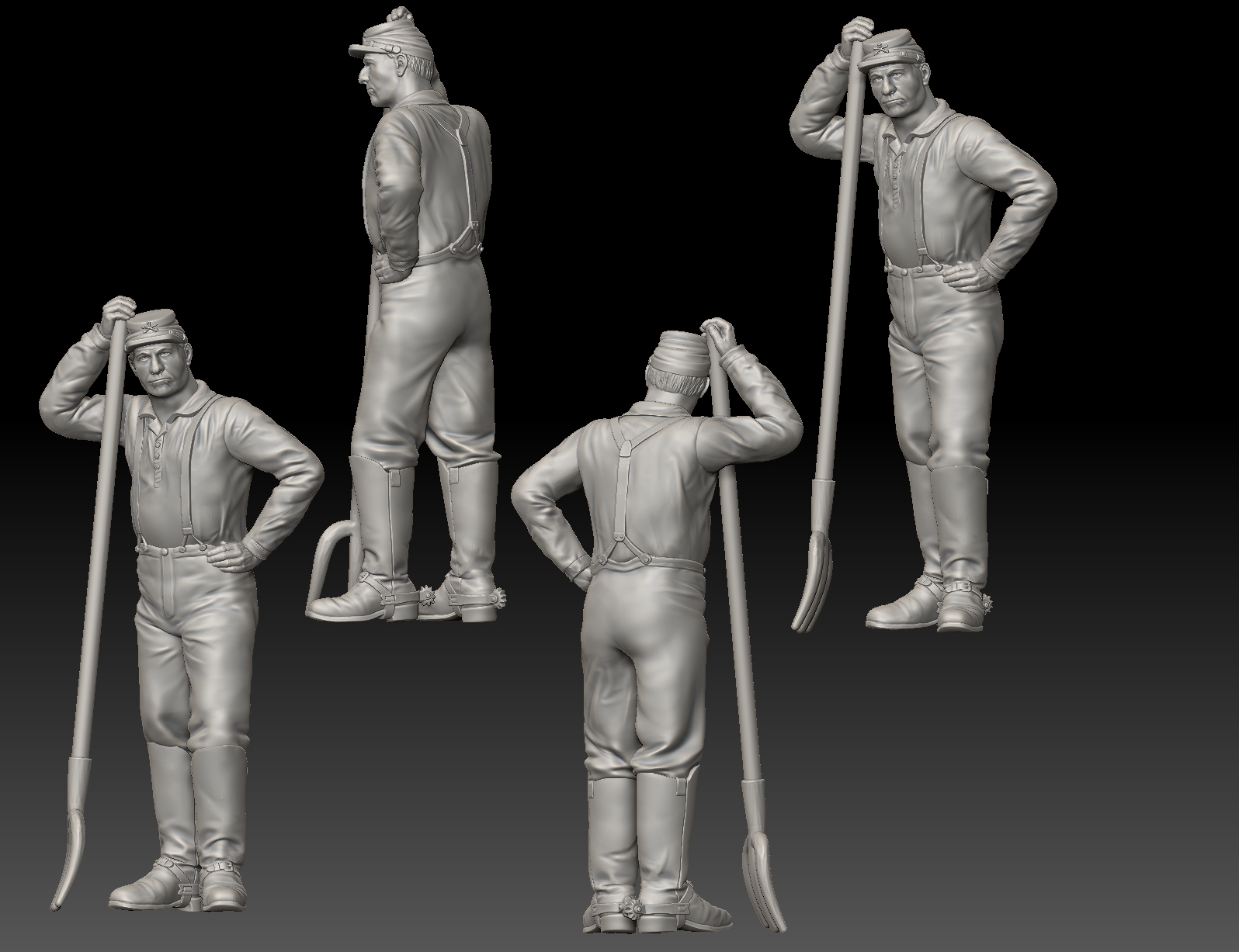 Civil war cavalry soldier resting on pitchfork
