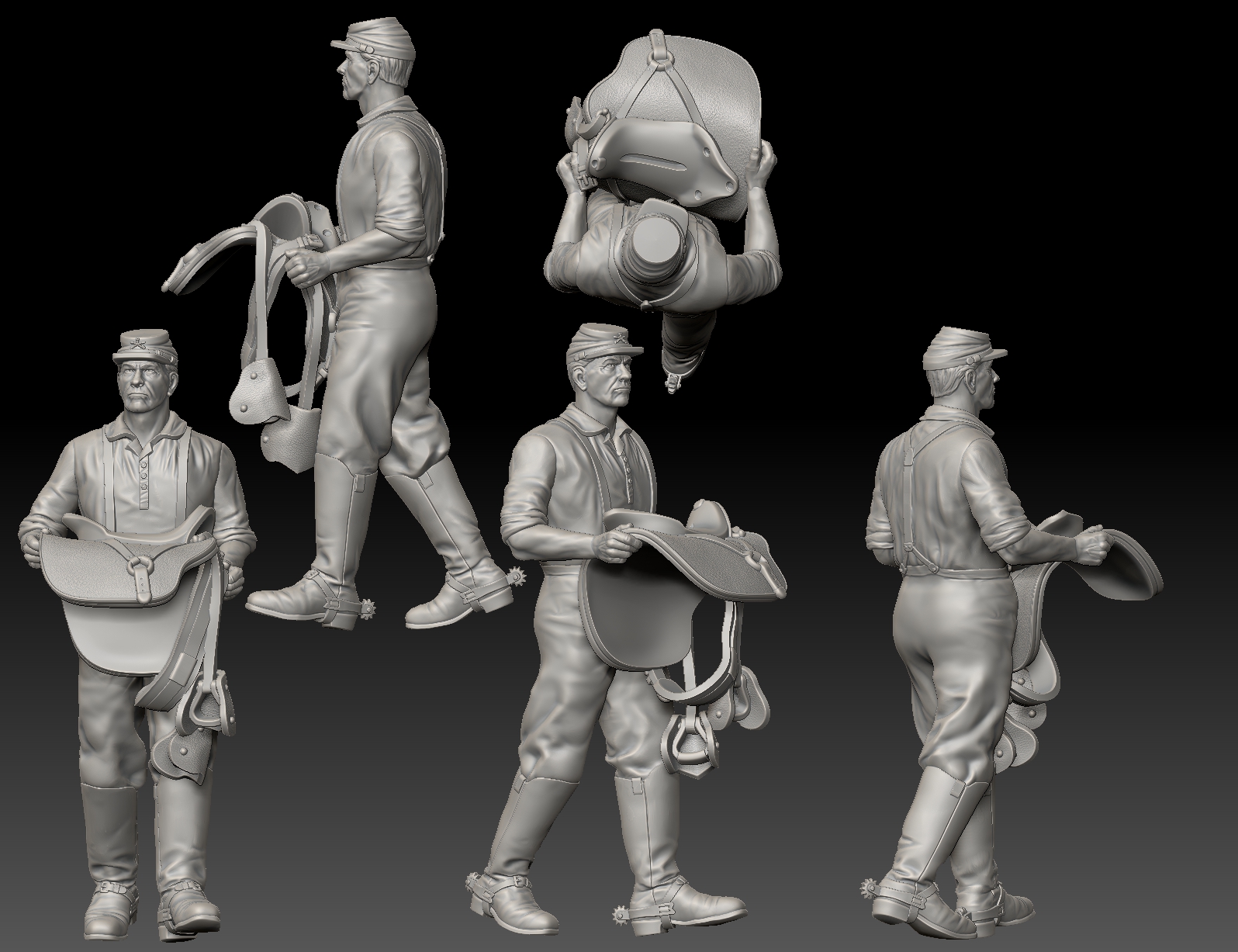 Civil war cavalry soldier carrying saddle