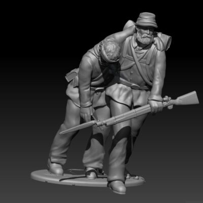 Soldier helping wounded, bandaged comrade walking