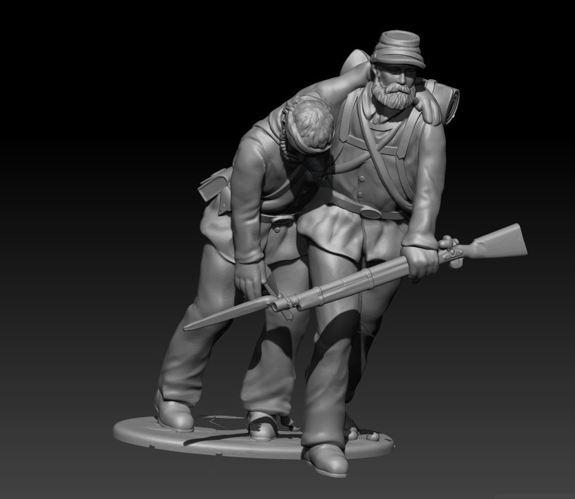 Soldier helping wounded, bandaged comrade walking