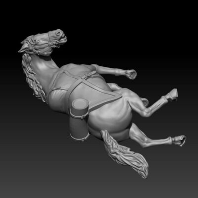 Napoleonic Horse casualty pose 2 on ground, round portmanteau, pointy shabraque, no sheepskin