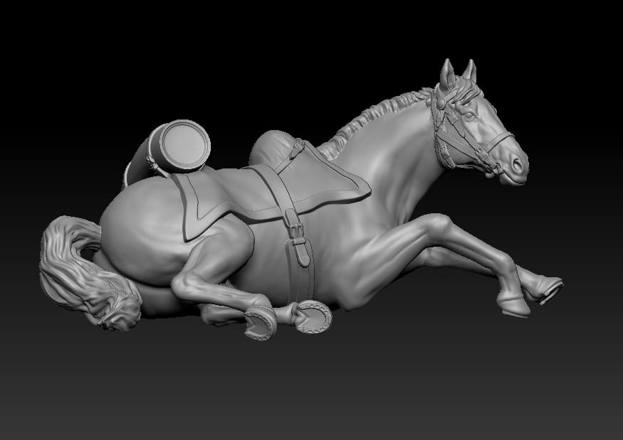 Napoleonic Horse casualty pose 3, round portmanteau, pointy shabraque, no sheepskin