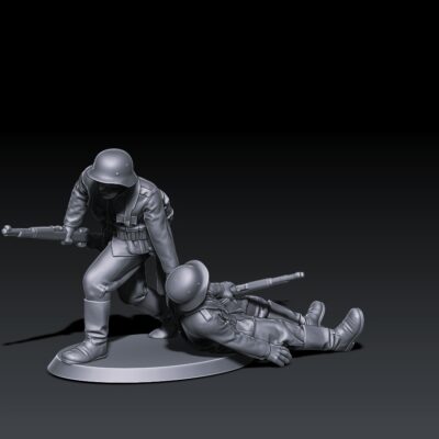 German WW2 regular infantry rescue scene with helmets