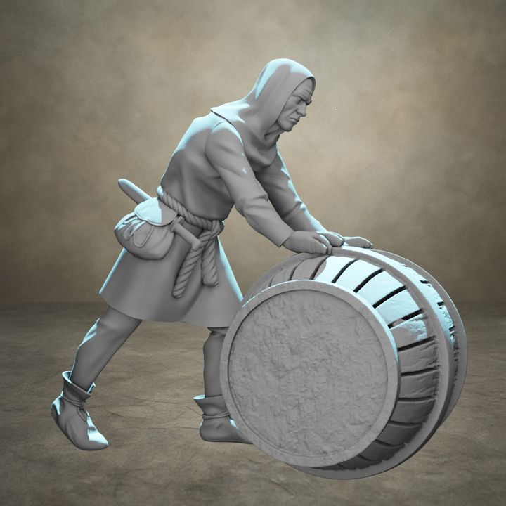 Medieval Man Rolling a Barrel