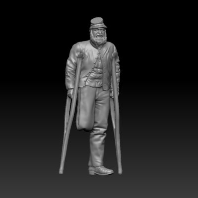 Amputated soldier on crutches, kepi