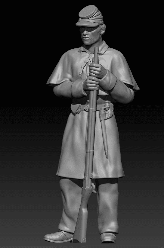 Winter Union soldier in greatcoat standing holding rifle