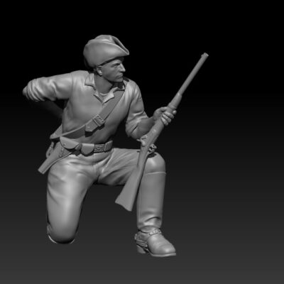Dismounted 7th Cavalry kneeling loading carbine, hat both sides up