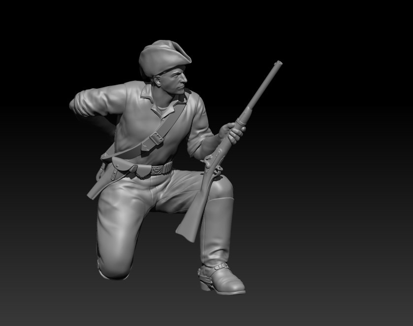 Dismounted 7th Cavalry kneeling loading carbine, hat both sides up
