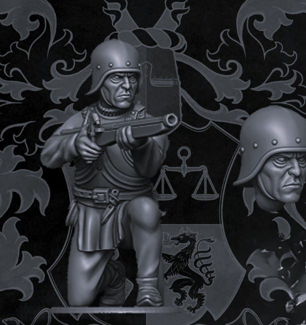 Late Medieval European Mercenary Handgunner with Breastplate Kneeling