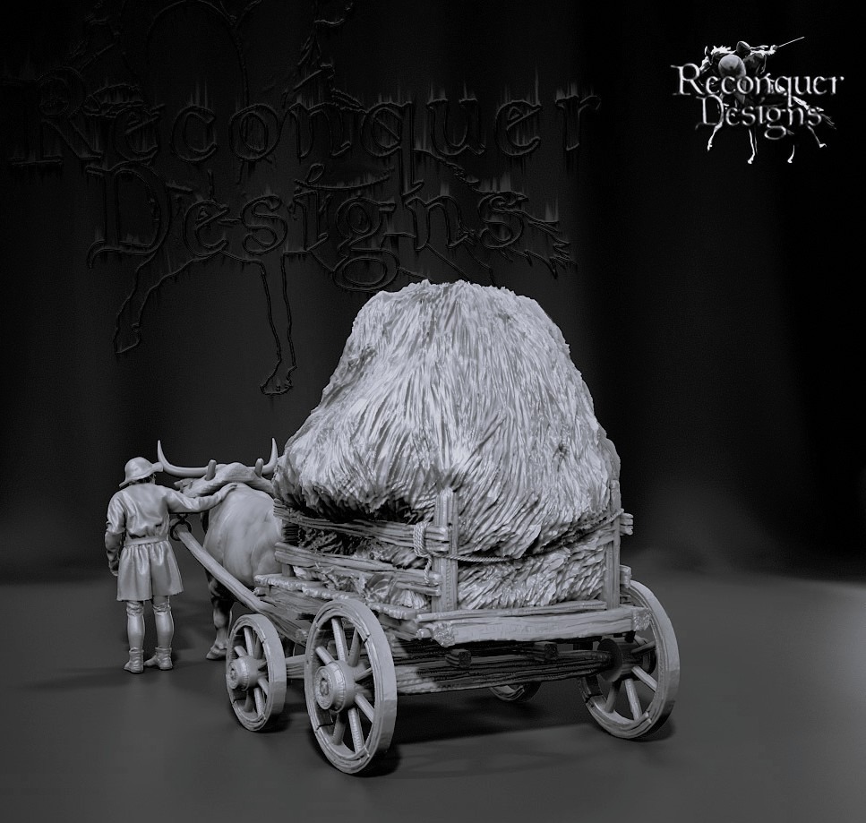Medieval Ox Cart and Farmer with Hay Bale