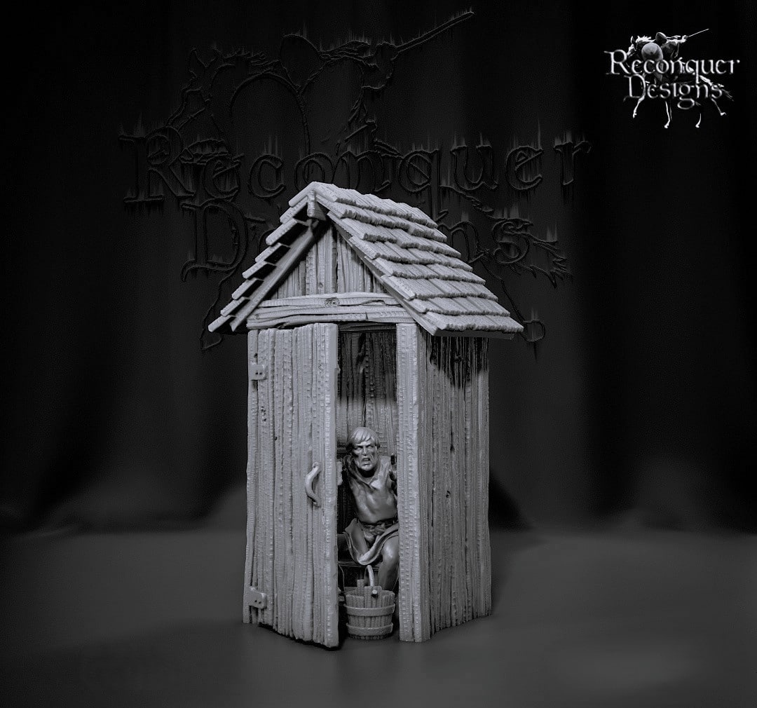 Medieval Outhouse and man inside
