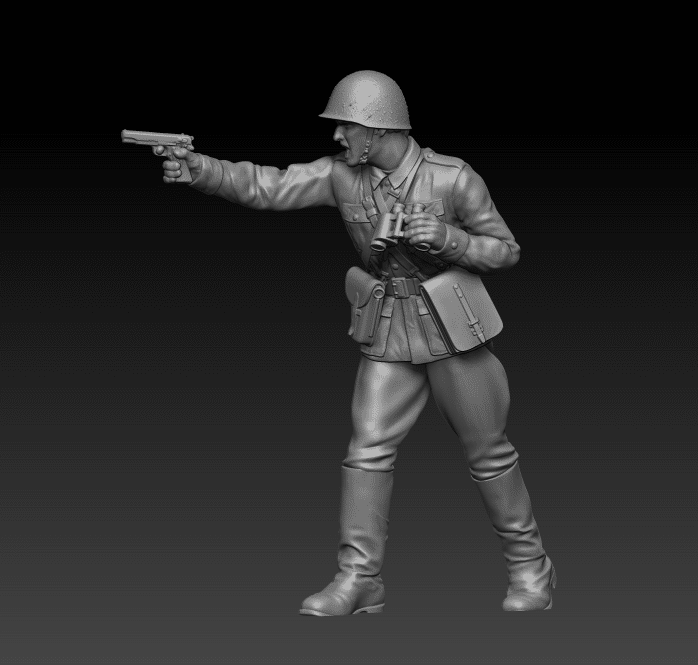 Polish WW2 officer in helmet, shooting standing with binoculars