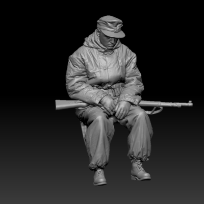 German winter soldier sitting, nodded off