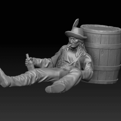 Drunk man resting by barrel